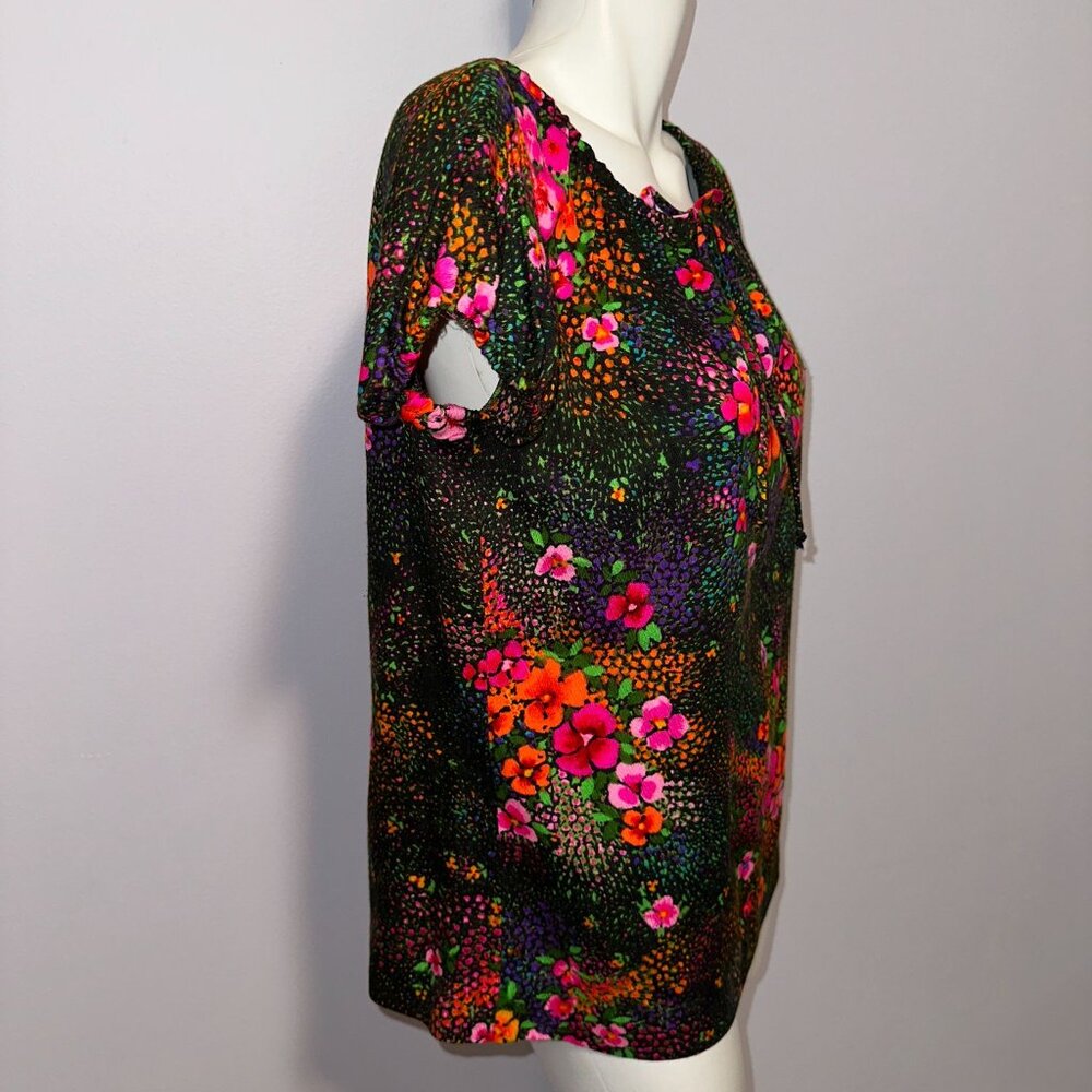 Vintage 70s Hawaiian Barkcloth Bright Floral Drawstring Neck Top Blouse Large L - Picture 3 of 5